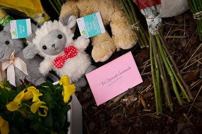 An entry to Covenant School becomes also a memorial for shooting victims, Tuesday, March 28, 2023, in Nashville, Tennessee