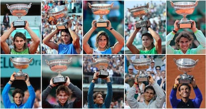 Rafael Nadal celebra sus diez Roland Garros de 2005, 2006, 2007, 2008, 2010, 2011, 2012, 2013, 2014 y 2017