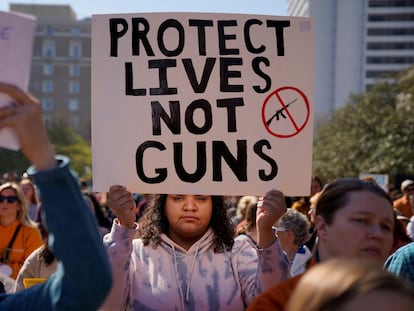 Protesters gather outside the Tennessee State Capitol to call for an end to gun violence and support stronger gun laws on March 30, 2023.