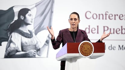 Claudia Sheinbaum en la rueda de prensa matutina de este miércoles, en el Palacio Nacional.