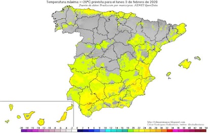 Areas in Spain forecast to have a temperature equal to or above 20ºC.