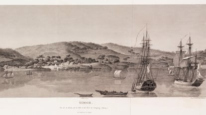 INDONESIA - JUNE 30:  Aquatint by Pillement and Nee after Lesueur, of the town and fort at Kupang, now part of Indonesia. Illustration from part of �Voyage de decouvertes aux terres Australes, execute par ordre de S M l'empereur et roi�, compiled by naturalist Francois Peron (1775-1810) and published in Paris in 1815. The book, in English �Voyage of discovery to the Southern lands undertaken by order of his majesty the emperor and king�, is an account of the French cartographic survey expedition to Australia, 1800-1804, led by Thomas Nicolas Baudin (1754-1803), on which Peron served as one of the scientific team.  (Photo by SSPL/Getty Images)