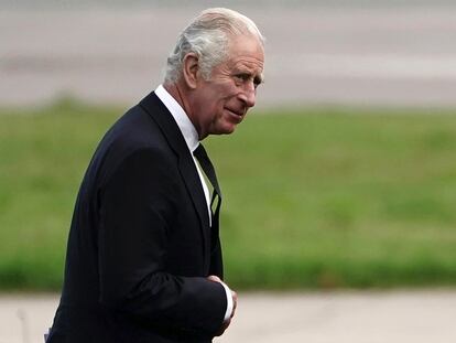 Britain's King Charles III leaves Aberdeen Airport as he travels to London following Thursday's death of Queen Elizabeth II, in Aberdeen, Scotland, Friday Sept. 9, 2022. King Charles III, who spent much of his 73 years preparing for the role, planned to meet with the prime minister and address a nation grieving the only British monarch most of the world had known. He takes the throne in an era of uncertainty for both his country and the monarchy itself. (Aaron Chown/Pool Photo via AP)