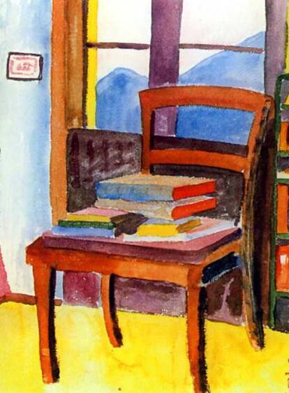 <i>Silla con libros,</i> acuarela de Hermann Hesse (arriba).