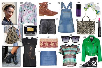 179, 188 y 195. Detalles de looks de street style (Fotos: Imaxtree). 180. House of Holland Chaqueta vaquera con efecto tie dye. 181. Isabel Marant Bota de piel con pedrería. 182. Topshop Peto vaquero con ribetes de pinchos. 183. M·A·C Laca de uñas “Fashion Sets”. 184. Topshop Diadema con flores. 185. Ohne Titel Shorts de piel perforada. 186. Mia Bag Bolso de mano con print de camuflaje y estrellas de metal. 187. NARS Barra de labios mate. 189. Chanel Sombra de ojos. 190. Givenchy Camiseta estampada sin mangas. 191. Ventidue Clutch con print de estrellas y ribete de pinchos. 192. Mango Gafas de sol con montura de pasta. 193. Acne Perfecto de piel. 194. Marissa Webb Top de gasa con efecto tie dye. 196. Stouls Mini de piel. 197. Haider Ackermann Sandalia de tiras de piel.