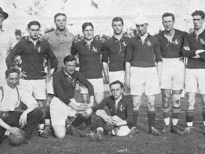 Equipo español que perdió contra Bélgica en los Juegos Olímpicos de Amberes en 1920. 