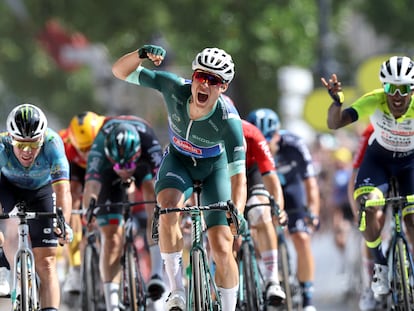 Jasper Philipsen, a su llegada a Burdeos en la séptima etapa del Tour de Francia.