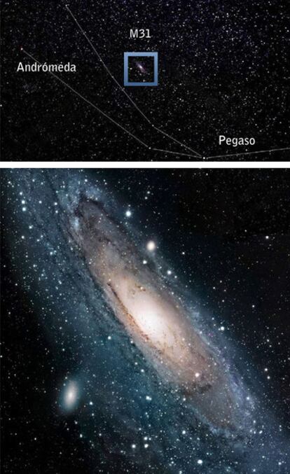 En la imagen superior, la constelación de Andrómeda y parte de la de Pegaso tal y como pueden verse con unos prismáticos. Recuadrada, la galaxia de Andrómeda o M31, el objeto más lejano visible a simple vista. En la imagen inferior, una ampliacion de esta galaxia, una espiral gigante situada a 2,5 millones de años luz de la Tierra y que podría fusionarse con la Vía Láctea dentro de unos 3.000-5.000 millones de años luz para dar lugar a una galaxia elíptica gigante.
