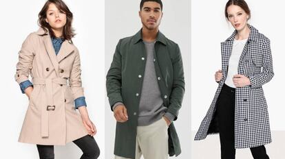 A la izquierda, 'trench' de La Redoute; en el centro, gabardina verde de Asos Design y, a la izquierda, gabardina de estampado vichy