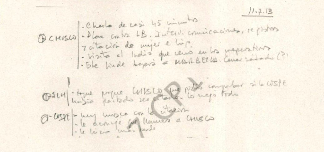 Las anotaciones de Villarejo en su agenda el 11 de julio de 2013 sobre 'Chisco', el alias usado para Francisco Martínez, donde escribió: