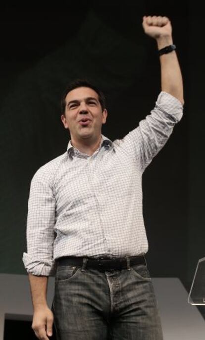 Alexis Tsipras, aquest dissabte, a l'assemblea de Podem.