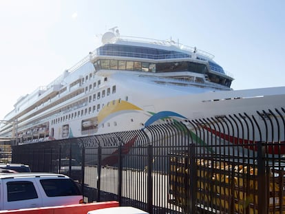 The cruise ship Norwegian Dawn is docked on May 22, 2015, at the Black Falcon Terminal in Boston.