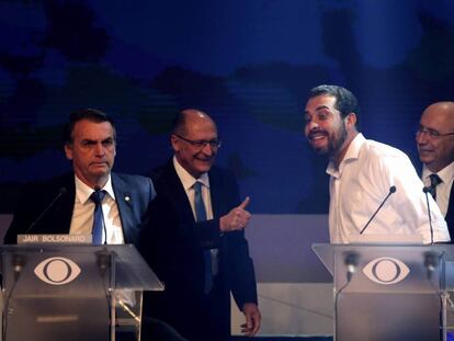 Bolsonaro, Alckmin, Boulous e Meirelles durante o debate na Band