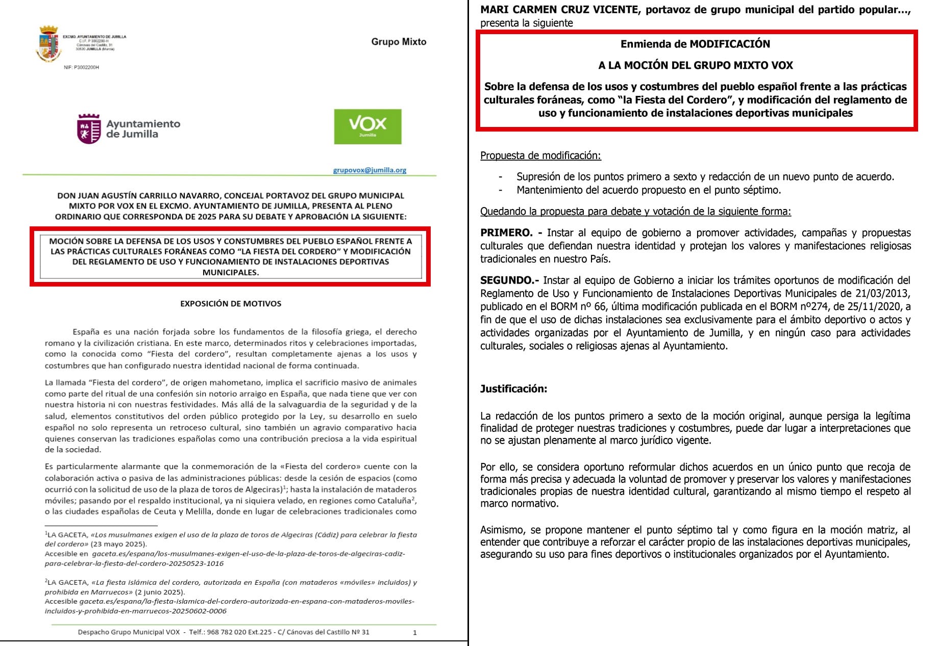 El PP de Jumilla avaló el objetivo de la moción de Vox “frente a las prácticas culturales foráneas”