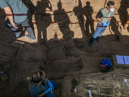 Personal técnico trabaja en la exhumación de la fosa común de Pico Reja, en Sevilla,  el pasado julio.