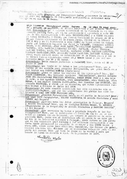 Declaración de Constantino Lafoz Garcés, tras ser detenido en Belchite.