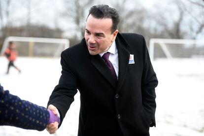 Bridgeport Mayor Joe Ganim greets supporters outside Central High School on the day of the redo primary election for mayor, Jan. 23, 2024, in Bridgeport, Conn.