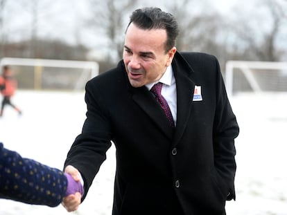 Bridgeport Mayor Joe Ganim greets supporters outside Central High School on the day of the redo primary election for mayor, Jan. 23, 2024, in Bridgeport, Conn.