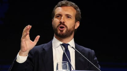 FILE PHOTO: Spain's People's Party (PP) leader Pablo Casado attends a campaign closing rally ahead of general election, in Madrid