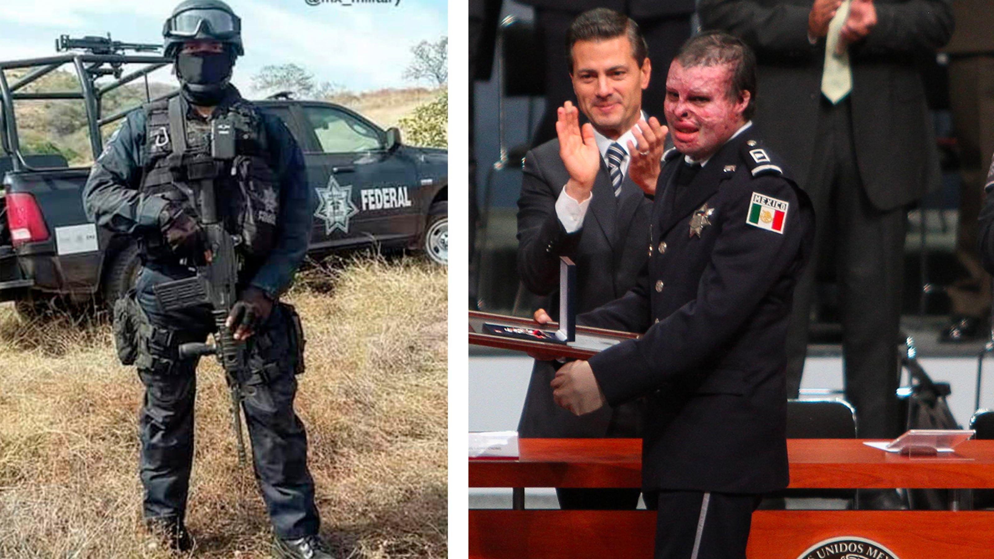 Iván Morales (izquierda) en sus días de servicio, a la derecha, recibiendo un reconocimiento a su labor, de manos del presidente Enrique Peña Nieto.