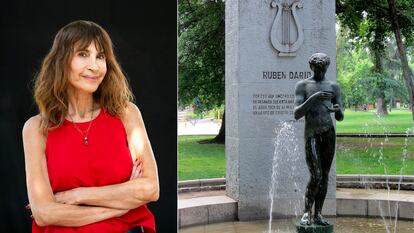 Carla Guelfenbein y la escultura a Rubén Darío en el Parque Forestal de Santiago de Chile.