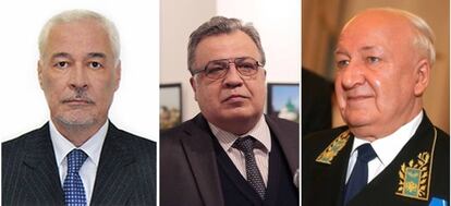 De izquierda a derecha, Mirgayas Shirinski, &uacute;ltimo fallecido, Andr&eacute;i K&aacute;rlov, asesinado en Estambul, y Alexandr Kadakin, embajador en India muerto en enero.