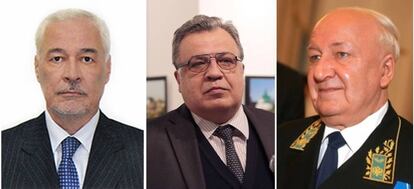 De izquierda a derecha, Mirgayas Shirinski, último fallecido, Andréi Kárlov, asesinado en Estambul, y Alexandr Kadakin, embajador en India muerto en enero.
