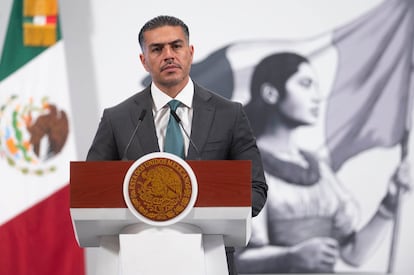 Omar García Harfuch, durante la conferencia matutina en Palacio Nacional, este miércoles.