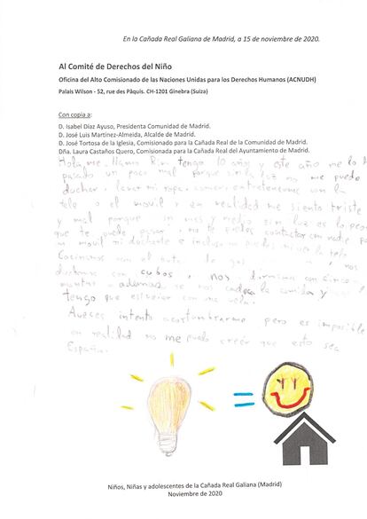 Carta número 14 de niños de la Cañada Real que han mandado a Ayuso, Almeida, los comisionados y  la ONU.