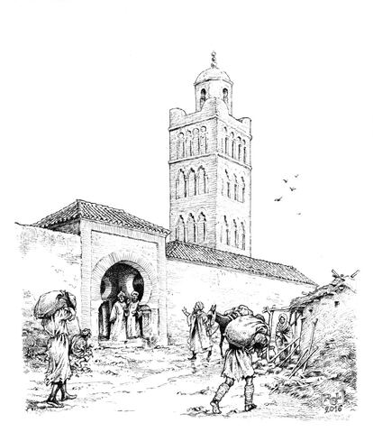 La torre de la iglesia de San Nicolás, que según Juan Cortés “pudo ser el minarete de una antigua mezquita madrileña que daba servicio a un arrabal situado fuera de la muralla árabe” y luego se le añadió un campanario. En la imagen, recreación de la torre como minarete.