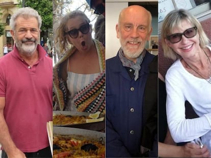 (l-r) Mel Gibson, Amy Schumer, John Malkovich and Olivia Newton-John are some of the stars who have spent their holidays in lesser-known parts of Spain.