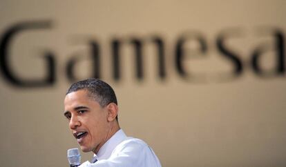 Barack Obama en la campaña a la presidencia de 2011 en un mitin en una fábrica de Siemens Gamesa en Estados Unidos.