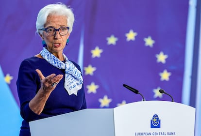 La presidenta del BCE, Christine Lagarde, en su comparecencia de este jueves.