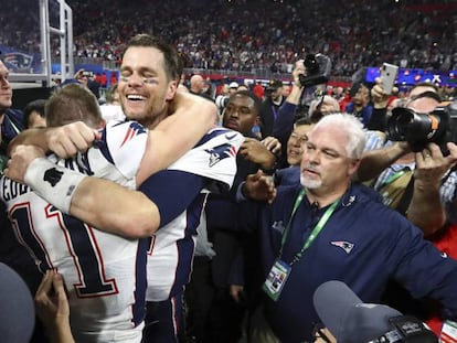 Tom Brady, líder de los  New England Patriots, celebra el triunfo en la Super Bowl de 2019. 