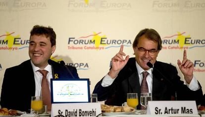 El presidente del PDeCAT, David Bonvehí, junto al expresidente de la Generalitat Artur Mas, en un acto en Barcelona, el viernes.