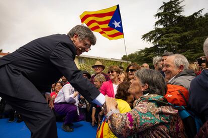 Carles Puigdemont, en un acto en Elna (Francia) el 6 de abril que congregó a más de 2.000 personas.