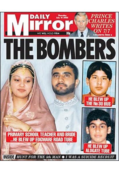 Mohamed Sadique Khan, Hasib Hussain y Shehzad Tanweer, en la portada del <i>Daily Mirror.</i>