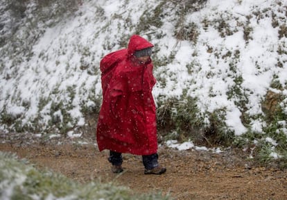 Varios peregrinos superan entre nieves una de las etapas difíciles y duras del Camino Francés, en el Alto do Poio, en Lugo.