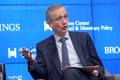 El gobernador del Banco de España, Pablo Hernández de Cos, durante un evento organizado por la Brookings Institution, este lunes en Washington.