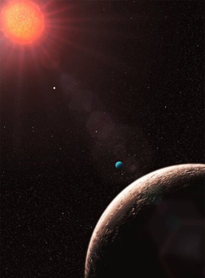 Ilustración del sistema planetario de la estrella Gliese 581.