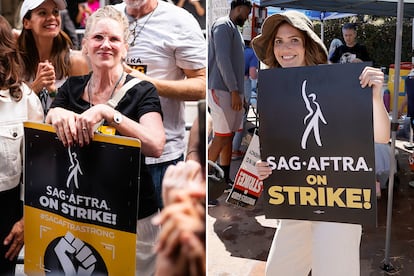 Melissa Gilbert y Mandy Moore durante las protestas del sindicato de actores. Gilbert en Nueva York (Nueva York), el 3 de agosto de 2023. Moore frente a los estudios de Disney en Burbank (California), el 14 de julio.