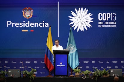 El presidente Gustavo Petro habla durante la ceremonia de inauguración de la COP16, este 20 de octubre en Cali.