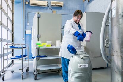 Laboratorios de Oryzon. Quim, técnico de laboratorio, manipula material ultracongelado.