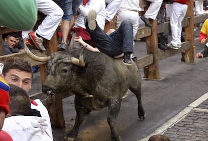 Un astado voltea a un mozo, sin consecuencias, en el tramo de Telef&oacute;nica.