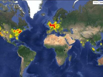 En rojo, zonas donde se ha producido un mayor n&uacute;mero de informes sobre la ca&iacute;da de la web de Facebook hoy.