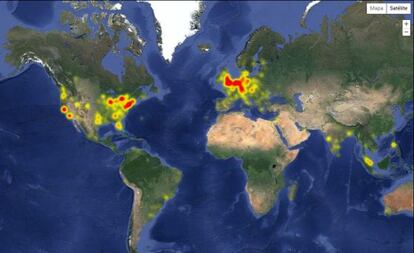 En rojo, zonas donde se ha producido un mayor n&uacute;mero de informes sobre la ca&iacute;da de la web de Facebook hoy.