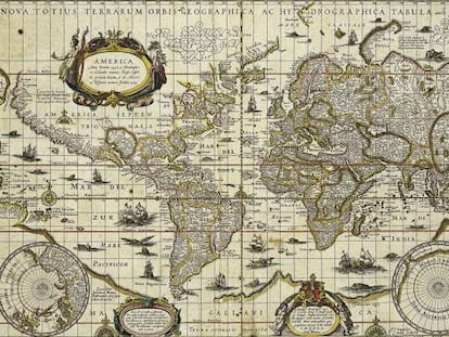 Um mapa-múndi do século XVII, quando não existia futebol.