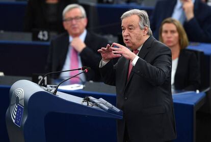 Antonio Guterres, durante su intervención en el Parlamento Europeo.