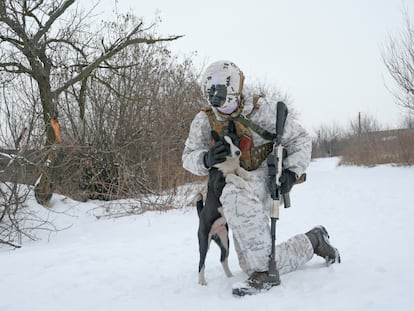 Un uniformado ucranio acaricia este martes un perro en la línea del frente que separa a las tropas de Kiev de los separatistas prorrusos cerca de Avdiivka, en la región ucrania de Donetsk.