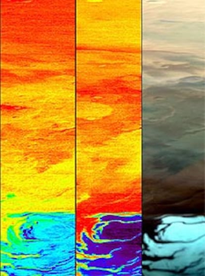 Estas tres imágenes contrapuestas muestran, de derecha a izquierda, una fotografía con luz visible de la superficie de Marte, otra en la que se ha marcado el hielo de dióxido de carbono en esa zona, y otra en la que resalta la presencia de agua.